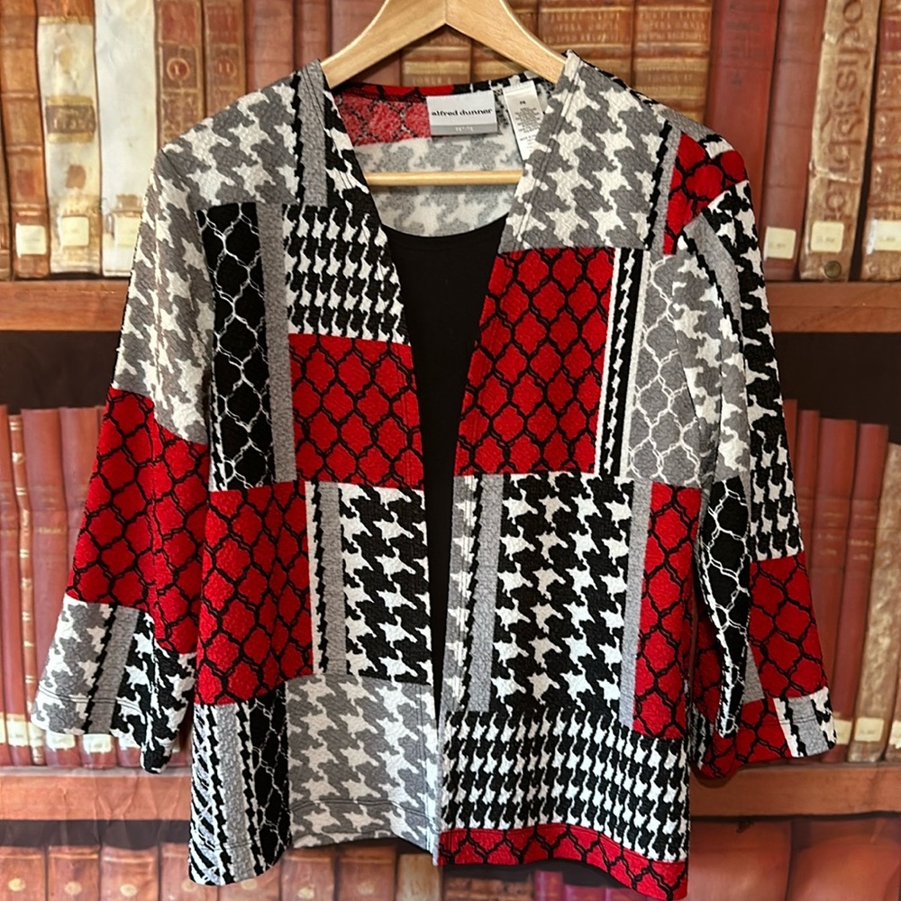 Alfred Dunner PS Petite 2 in 1 Layered Top Red Black Houndstooth Patchwork